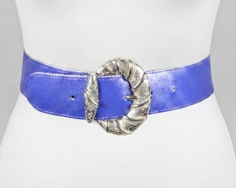 Vintage Cobalt Blue Leather Belt: Wide Waist Belt with Silver Buckle