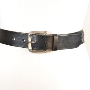 Plain Black Leather Belt for Women with Steel Buckle, Sun Decorated Belt, Vintage Black Boho Leather Belt