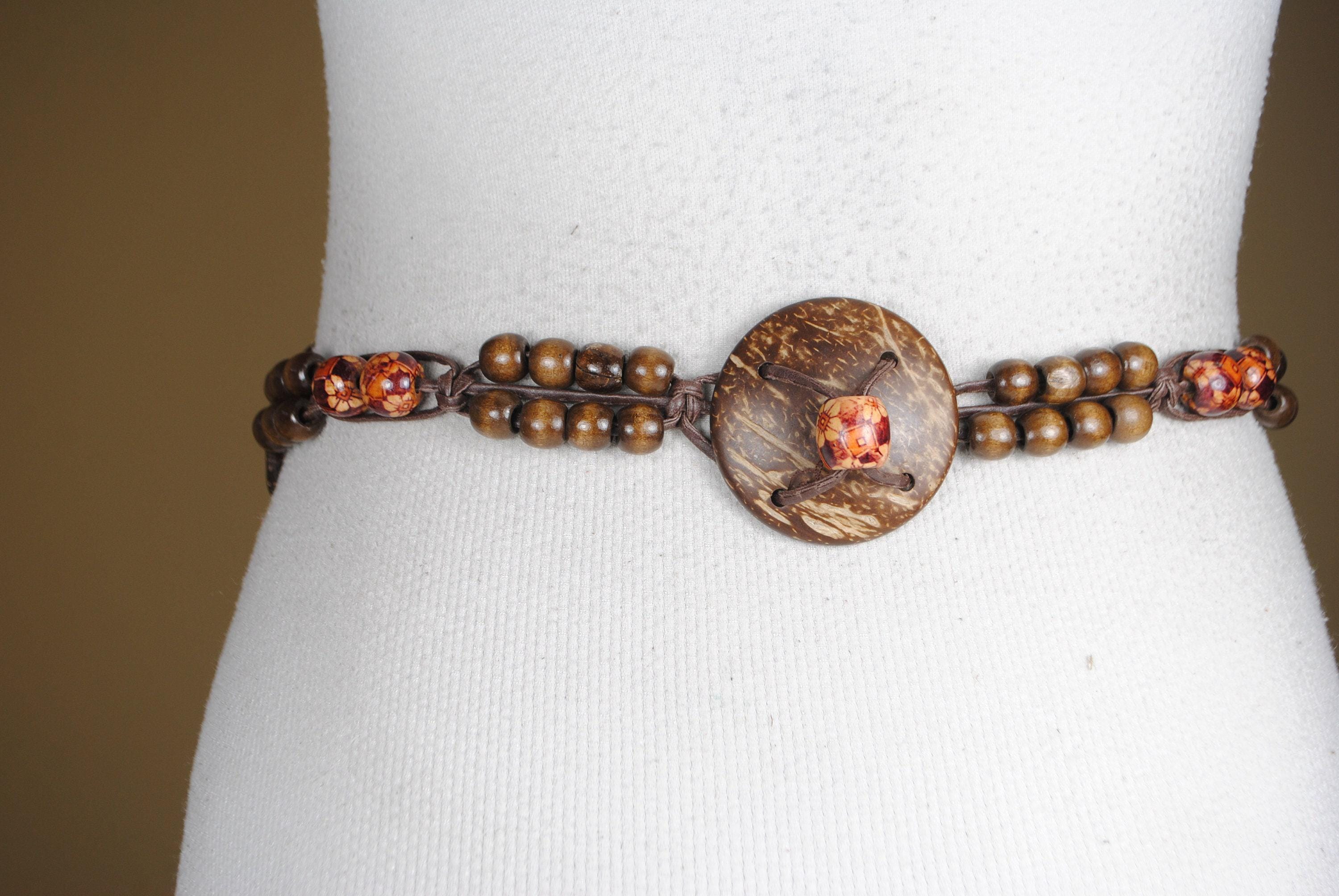 Brown Macrame Coconut Shell Belt for Women, Handmade Wooden Belt, Vintage Boho Brown Belt