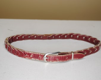 XS maroon red woven leather belt for women