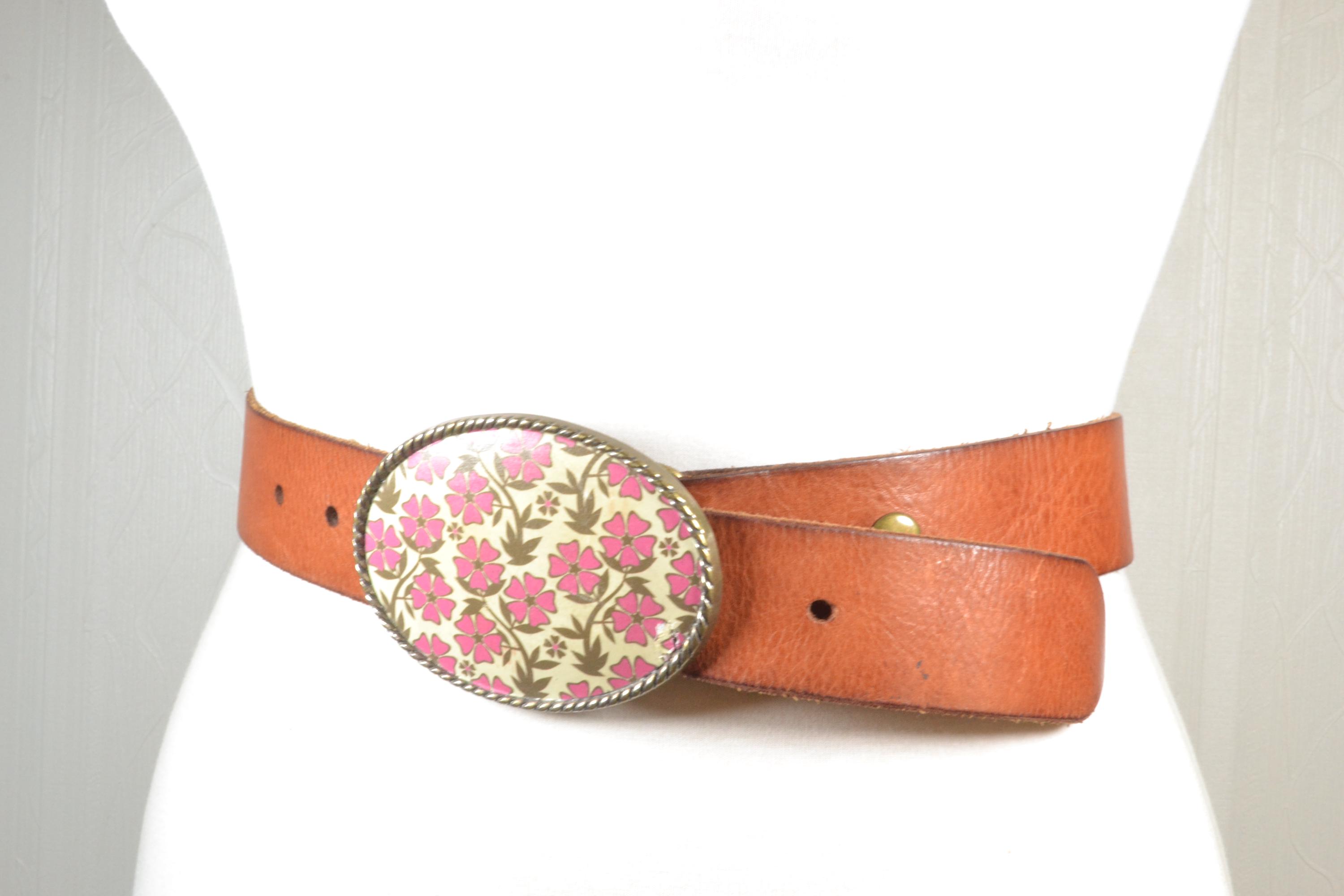 Vintage Brown Leather Belt With Floral Buckle, Bohemian 