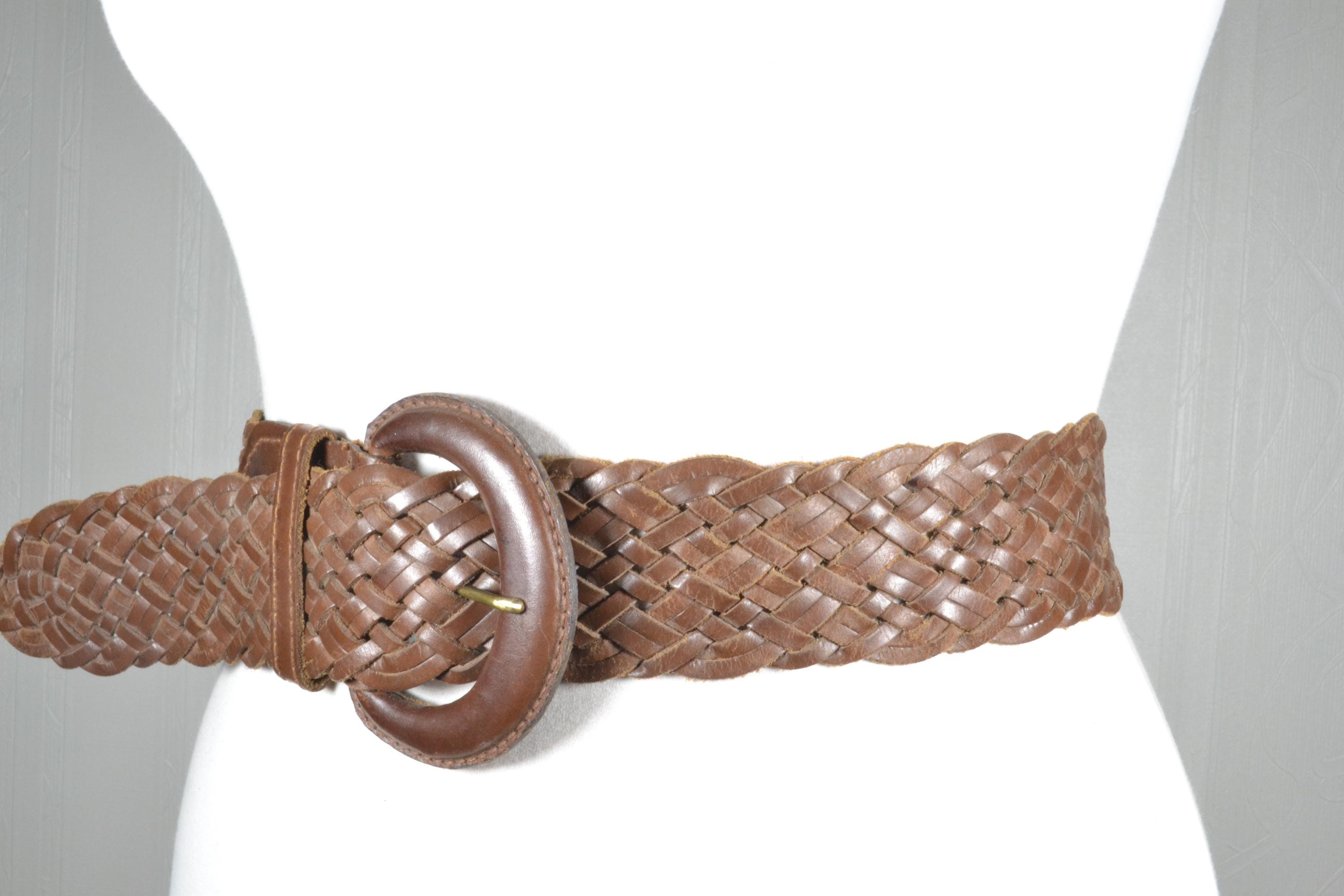 Brown Woven Leather Belt Brass Buckle‎ Genuine Leather Boho Classic Women\'s M L 6251596_Tan main image 2