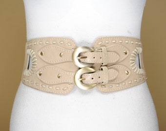 Large ceinture beige, ceinture double boucle beige, large ceinture stretch taupe,