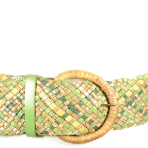 Vintage Grüner geflochtener Ledergürtel, mehrfarbiges nachhaltiges Boho Accessoire