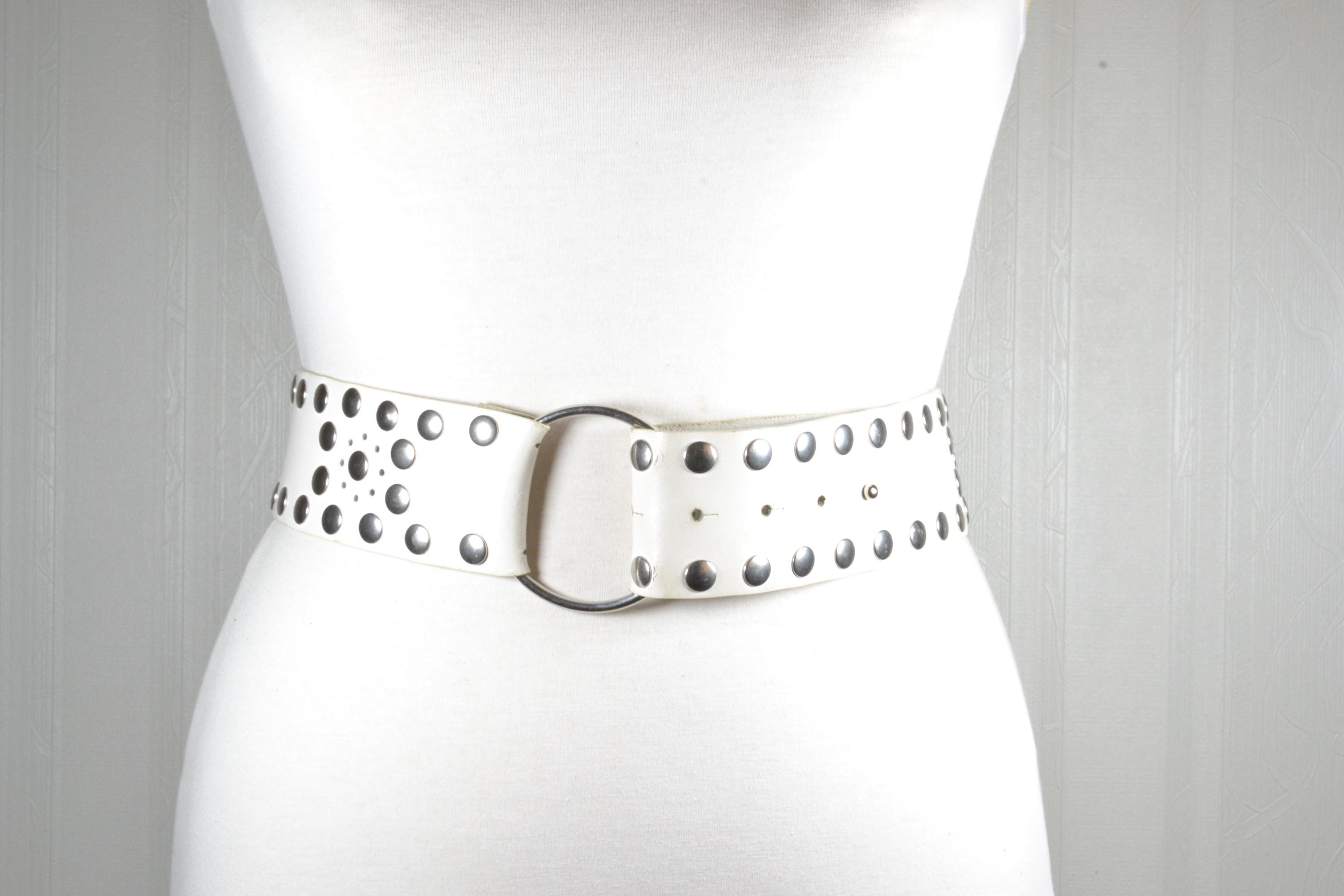 Vintage White Leather Belt: Silver Studs, Ring Buckle, Wide Waist