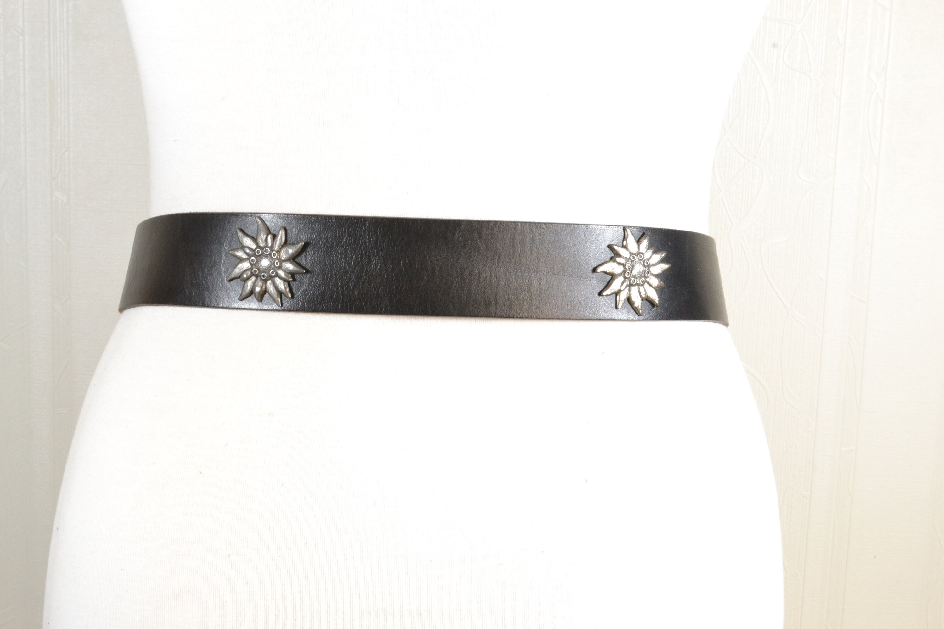 Vintage Black Leather Belt: Sun Decorated Boho Belt With 