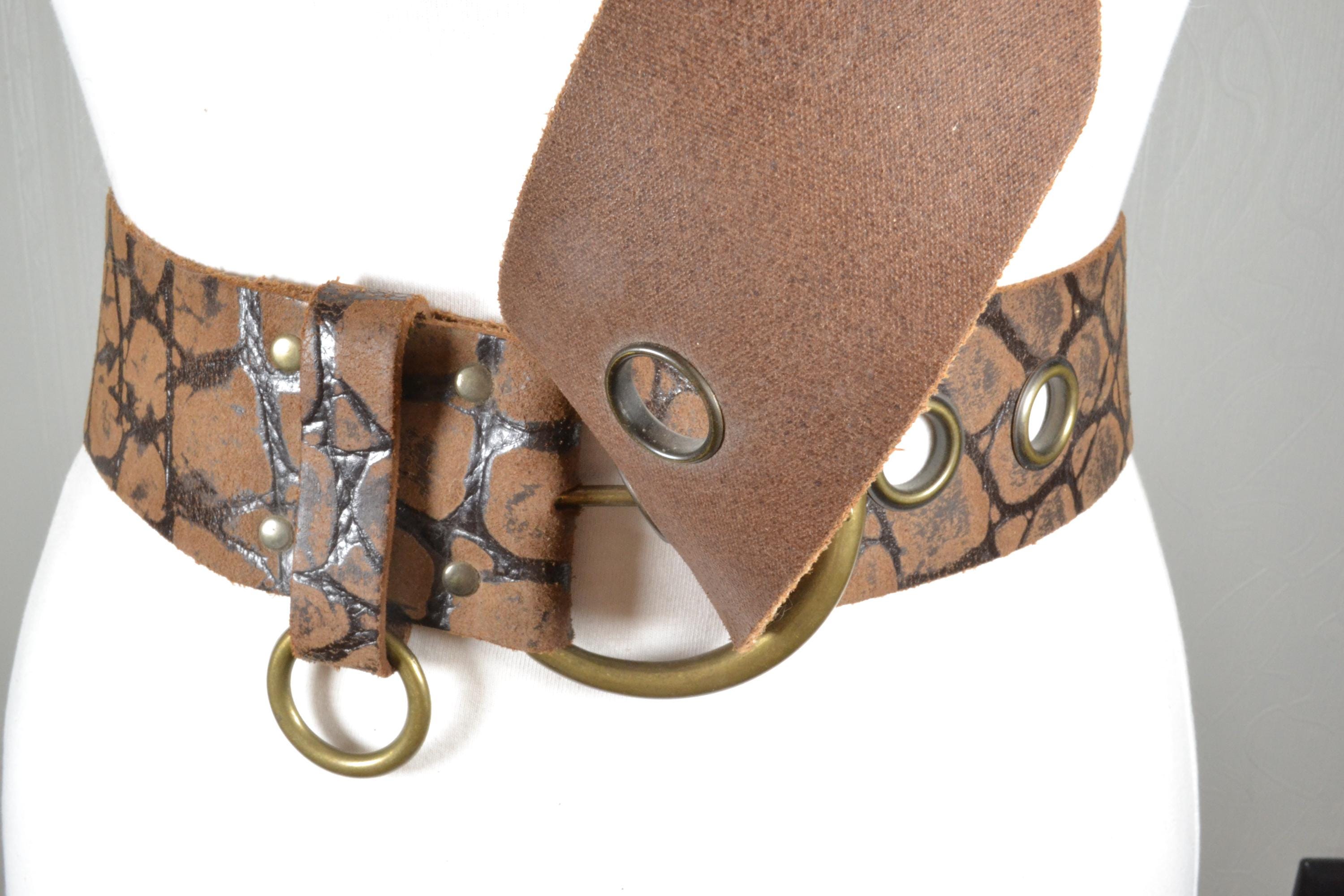Vintage Rustic Genuine Leather Belt With Brass Rings Hoops Brown Grey Full Grain Chocolate Brown Buffalo Leather Custom Double  main image 2