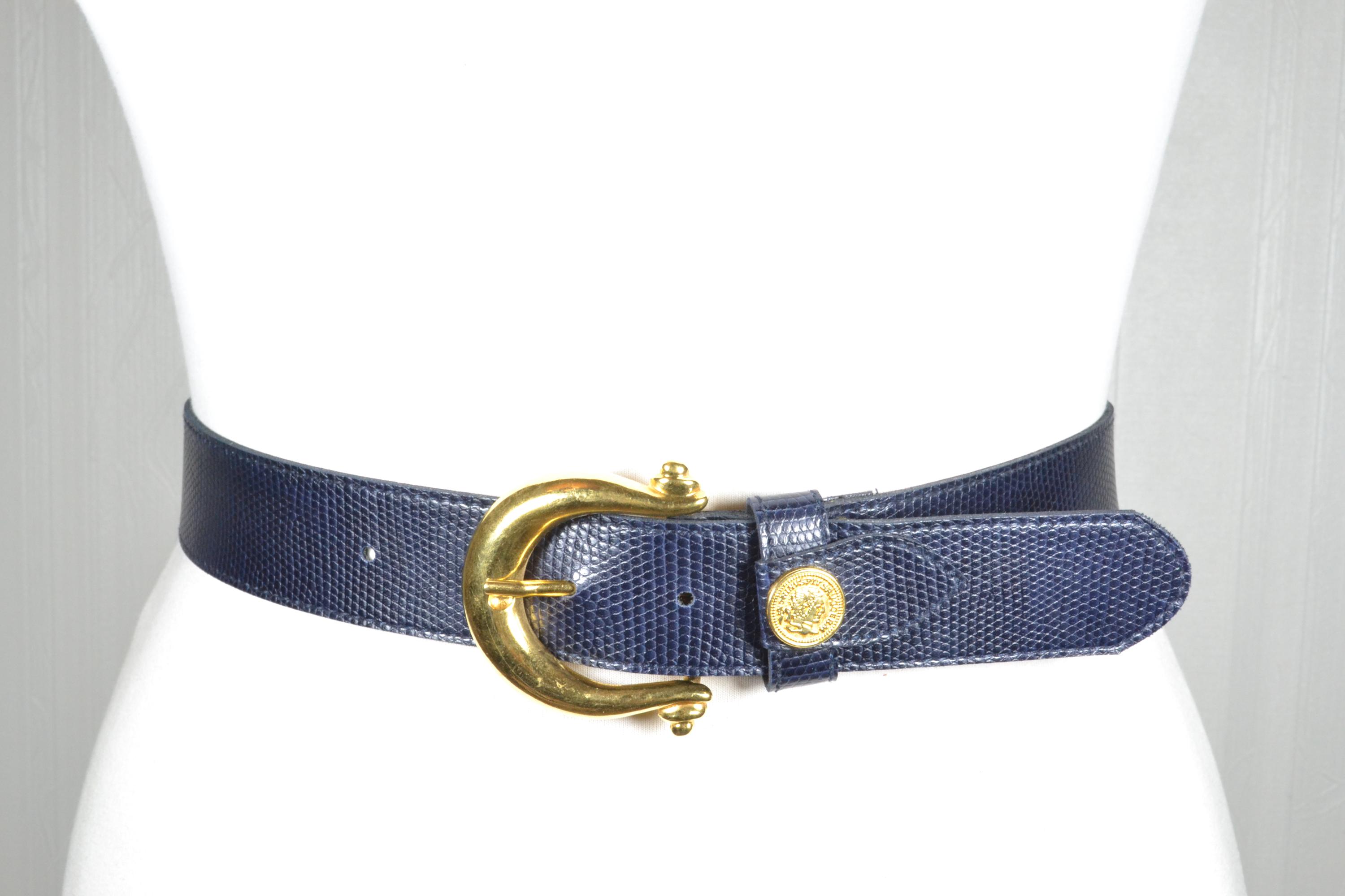 Vintage Navy Blue Lizard Embossed Vegan Leather Belt With Gold