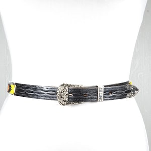 Handcrafted Black Leather Belt with Vibrant Southwestern Beaded Design and Silver Buckle, Y2K Black and silver western belt for women