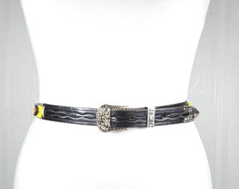 Roris Painted Beltz Hand Painted Black and Blue Leather Belt No Buckle 35\