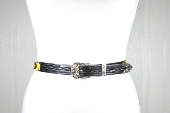 Handcrafted Black Leather Belt: Southwestern Beaded Design 