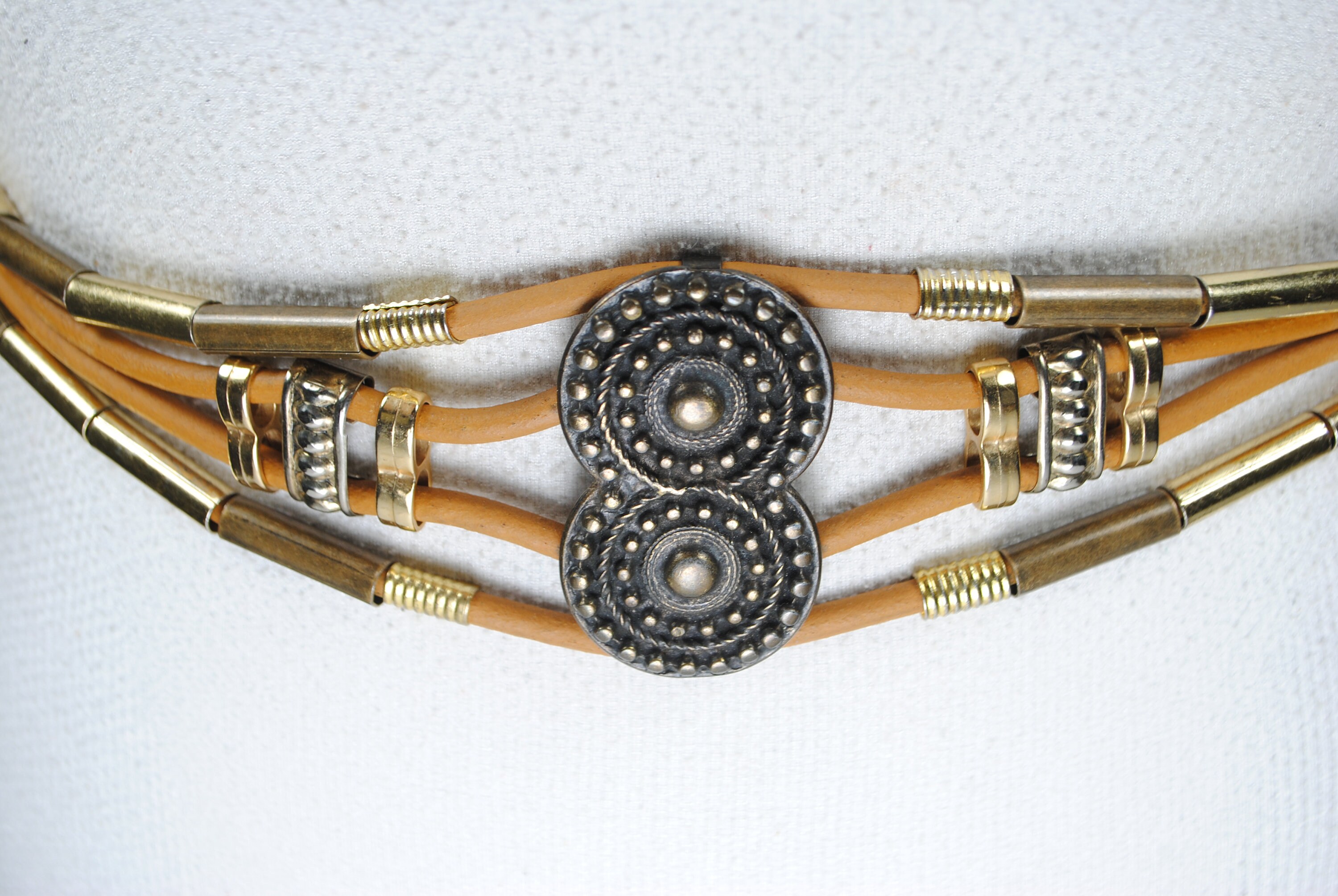 Vintage Beaded Waist Belt: Brown Leather, Double Medallion 