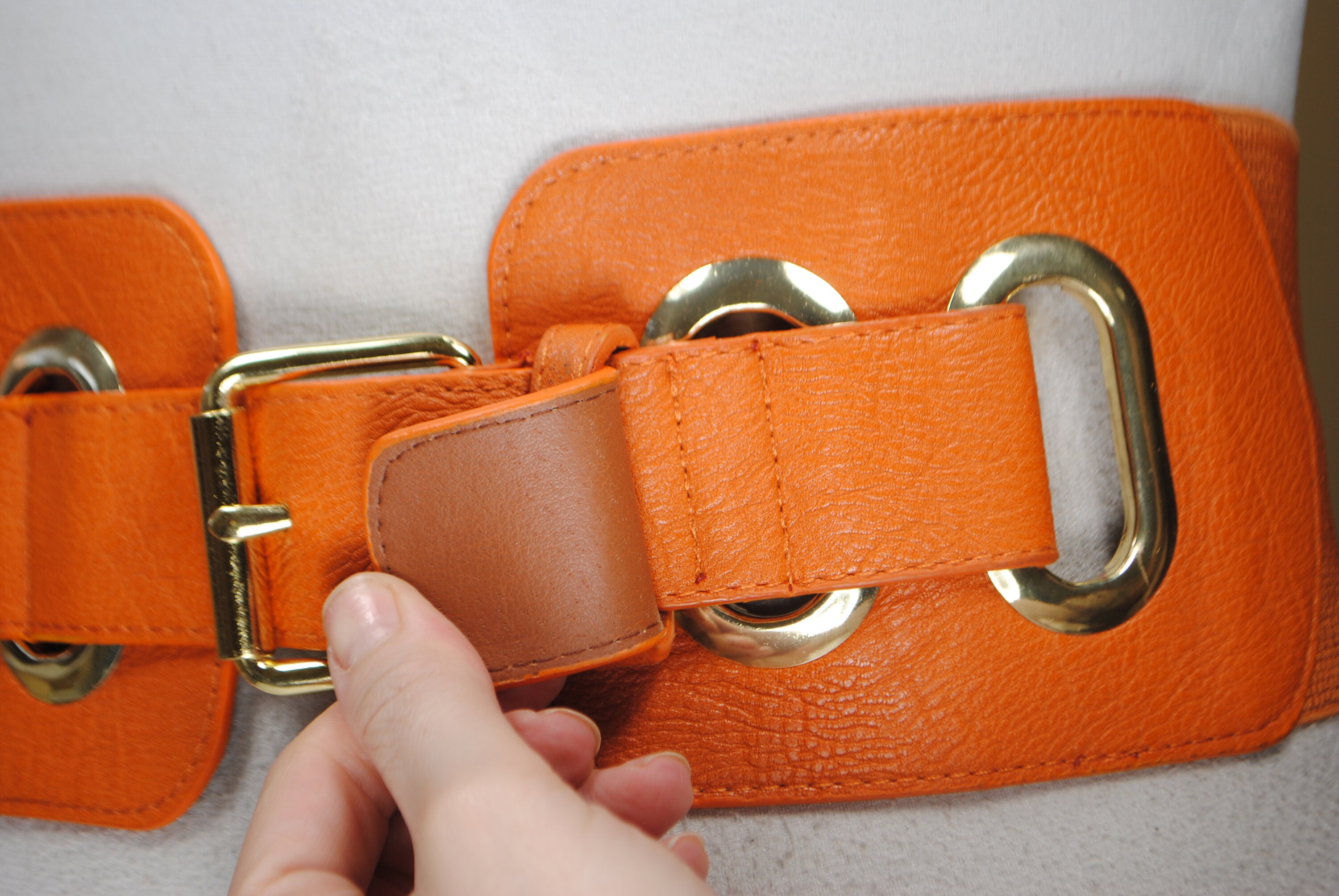 ヴィンテージオレンジレザーコルセットベルト：ワイドエラスティック