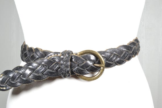 Vintage Black Braided Leather Belt: Rustic Brass Buckle  display picture 1