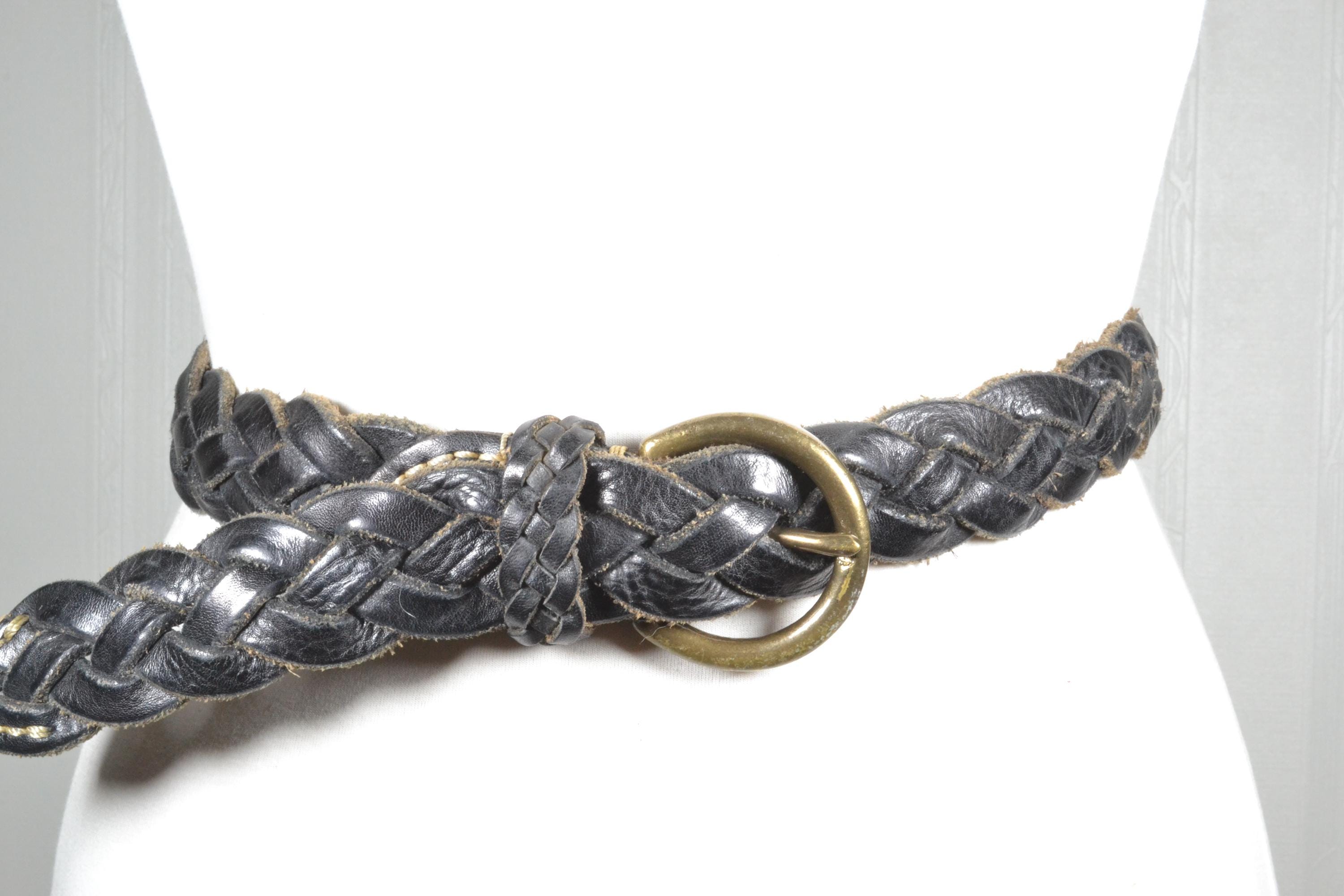 Vintage Black Braided Leather Belt: Rustic Brass Buckle  display picture 2