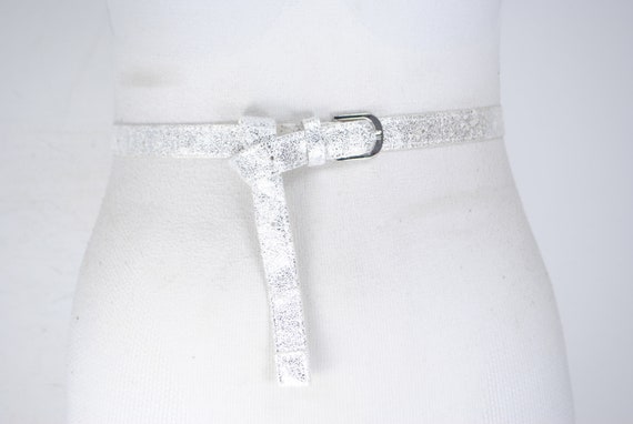 80s 34''  White Silver Skinny metallic belt for w… - image 8