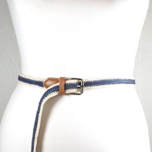 Nautical Blue and Cream Braided Rope Belt with Brown Leather Accents, Adjustable Summer Accessory