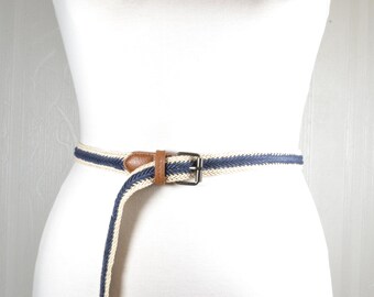 Nautical Blue and Cream Braided Rope Belt with Brown Leather Accents, Adjustable Summer Accessory