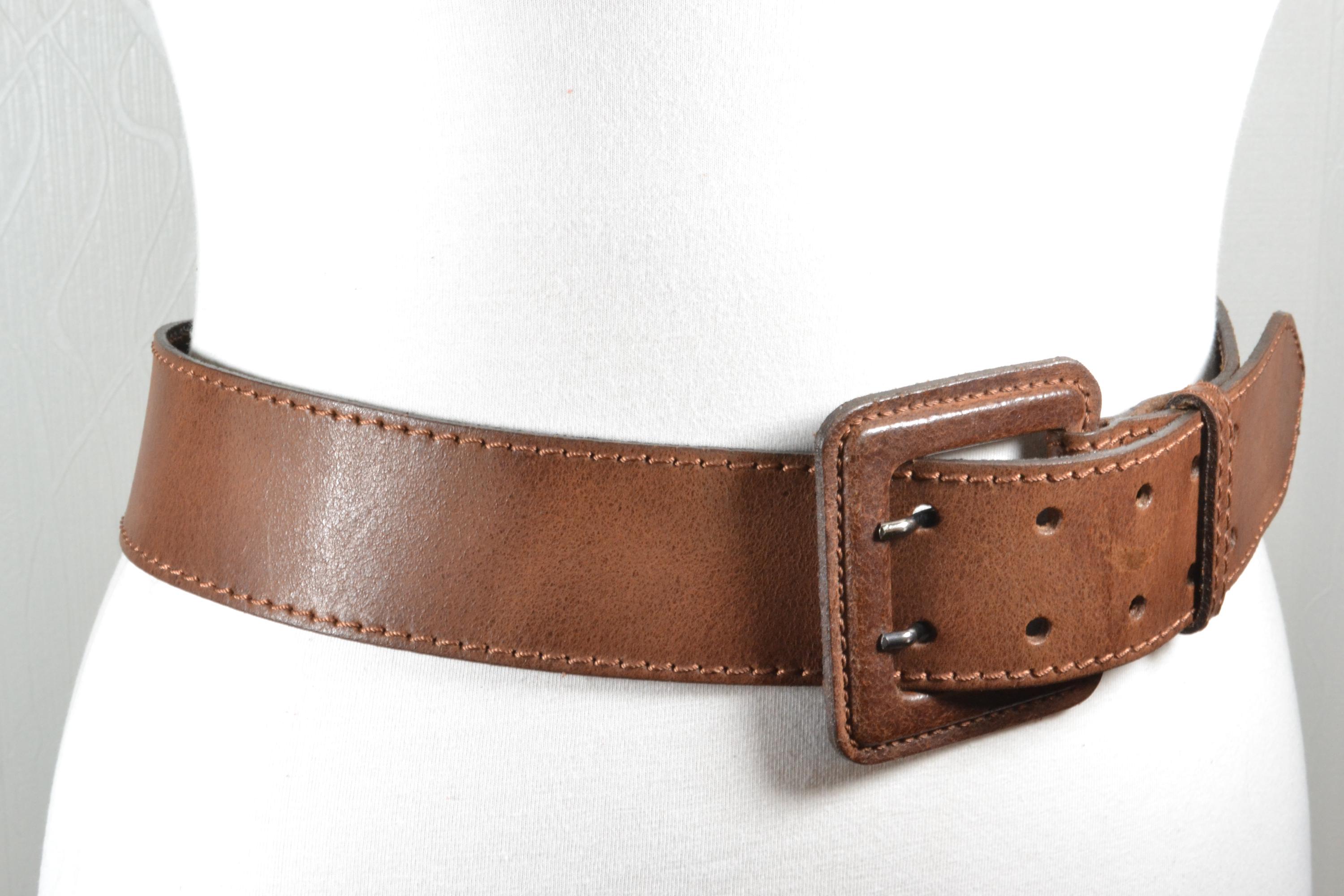 Vintage Brown Leather Belt With Wide Strap and Oversized 