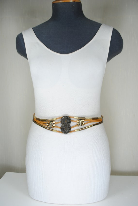 Beaded Waist Belt with Leather and Metallic Accent 80s Vintage Leather Stone Beaded Belt With Metal & Shell  main image 2