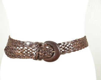 WCM Chocolate Espresso Brown Woven Leather Boho Hippie Belt WCM New York Wide Woven Brown Leather Statement Belt Size M  main image 3