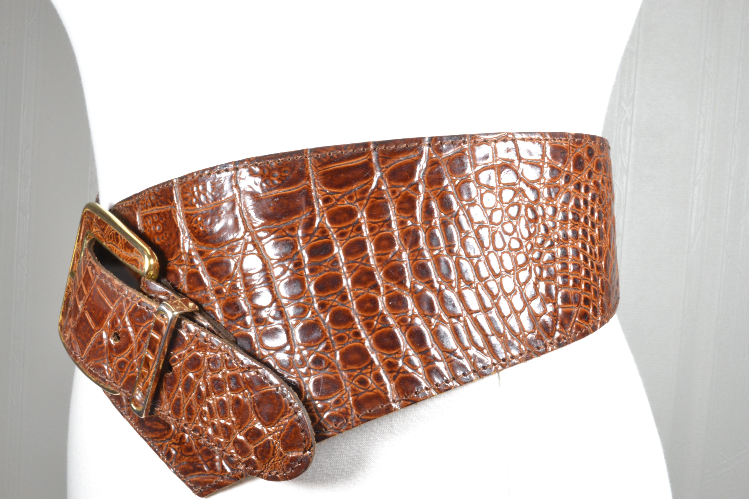 Vintage Wide Brown Croc Embossed Leather Belt With Gold 