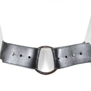 Vintage Wide Black Leather Belt with Oversized Round Ring Buckle - Statement Waist Belt made in France