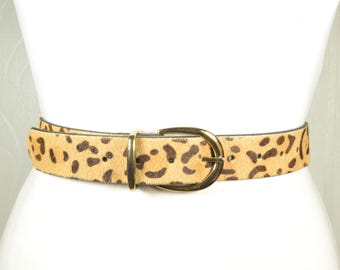 Cinto de couro com estampa de leopardo e fivela dourada, cinto com estampa animal para mulheres, cinto de pele ajustável