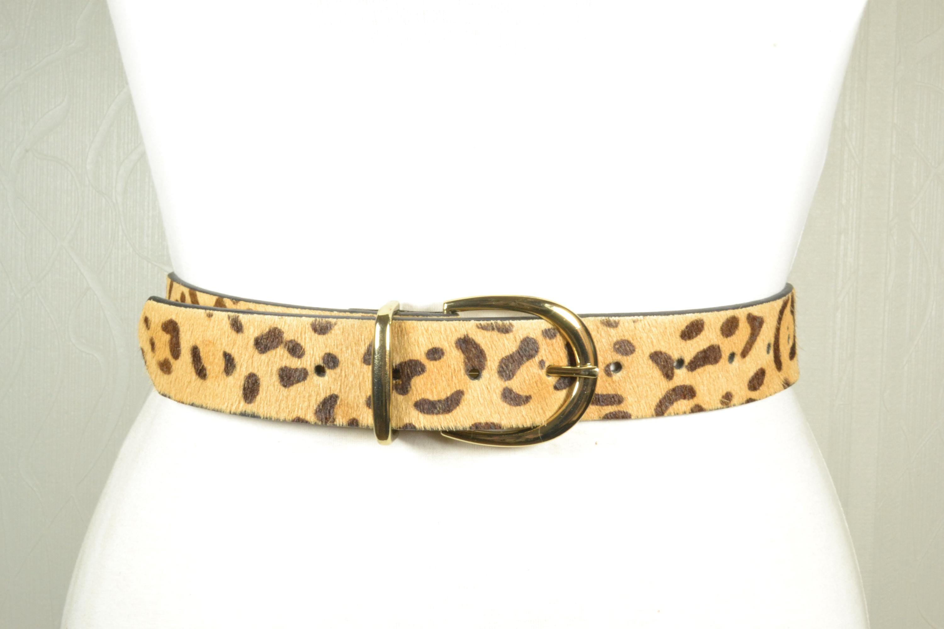 Leopard Print Leather Belt With Gold Buckle, Animal Print 