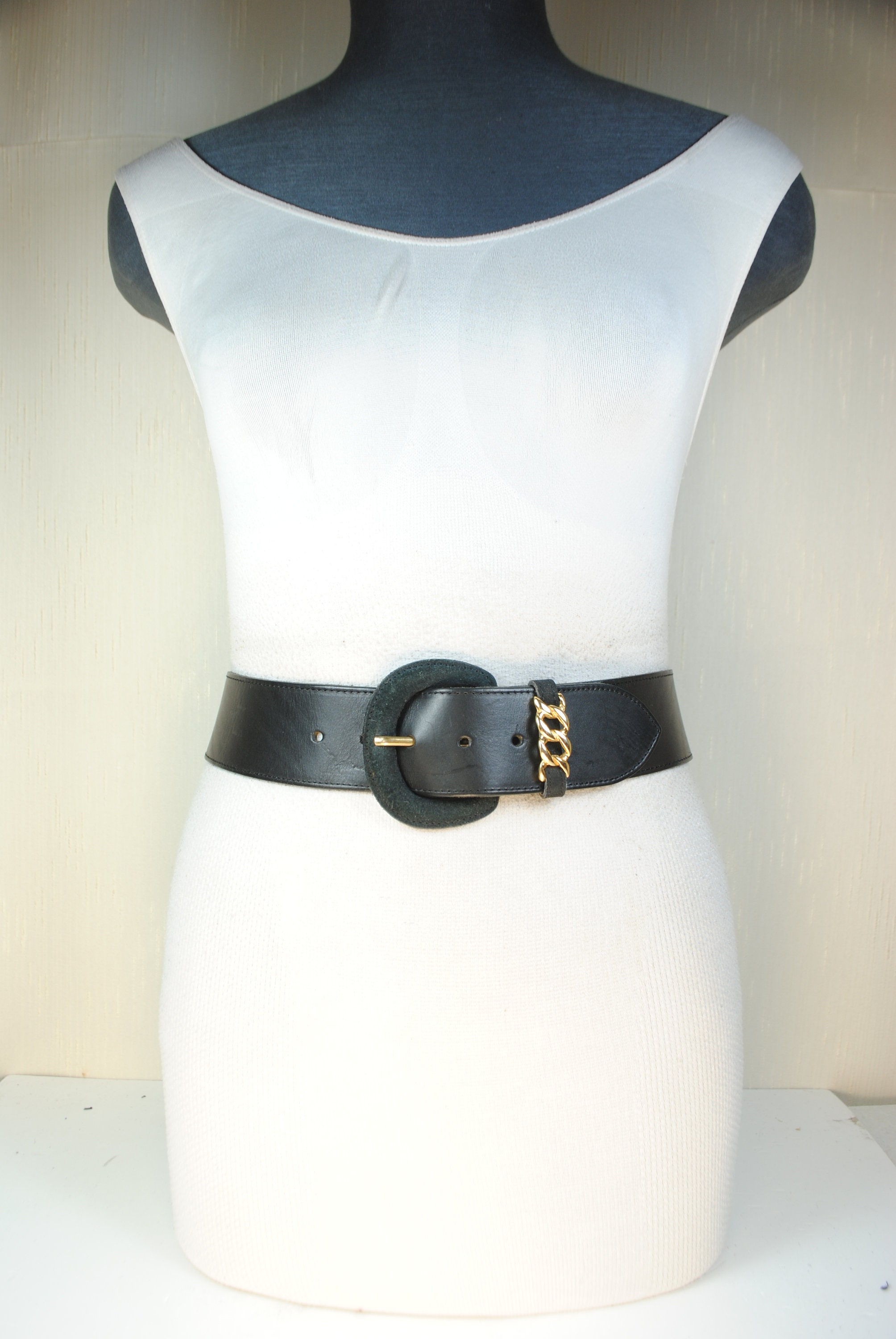 Wide Black Leather Belt With Gold Chain Detail - Etsy