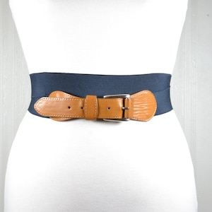 Wide Navy Blue Elastic Belt with Tan Leather Buckle for Women, Vintage Stretch Waist Belt, Classic Vintage Blue Belt, Wide Blue Belt Corset