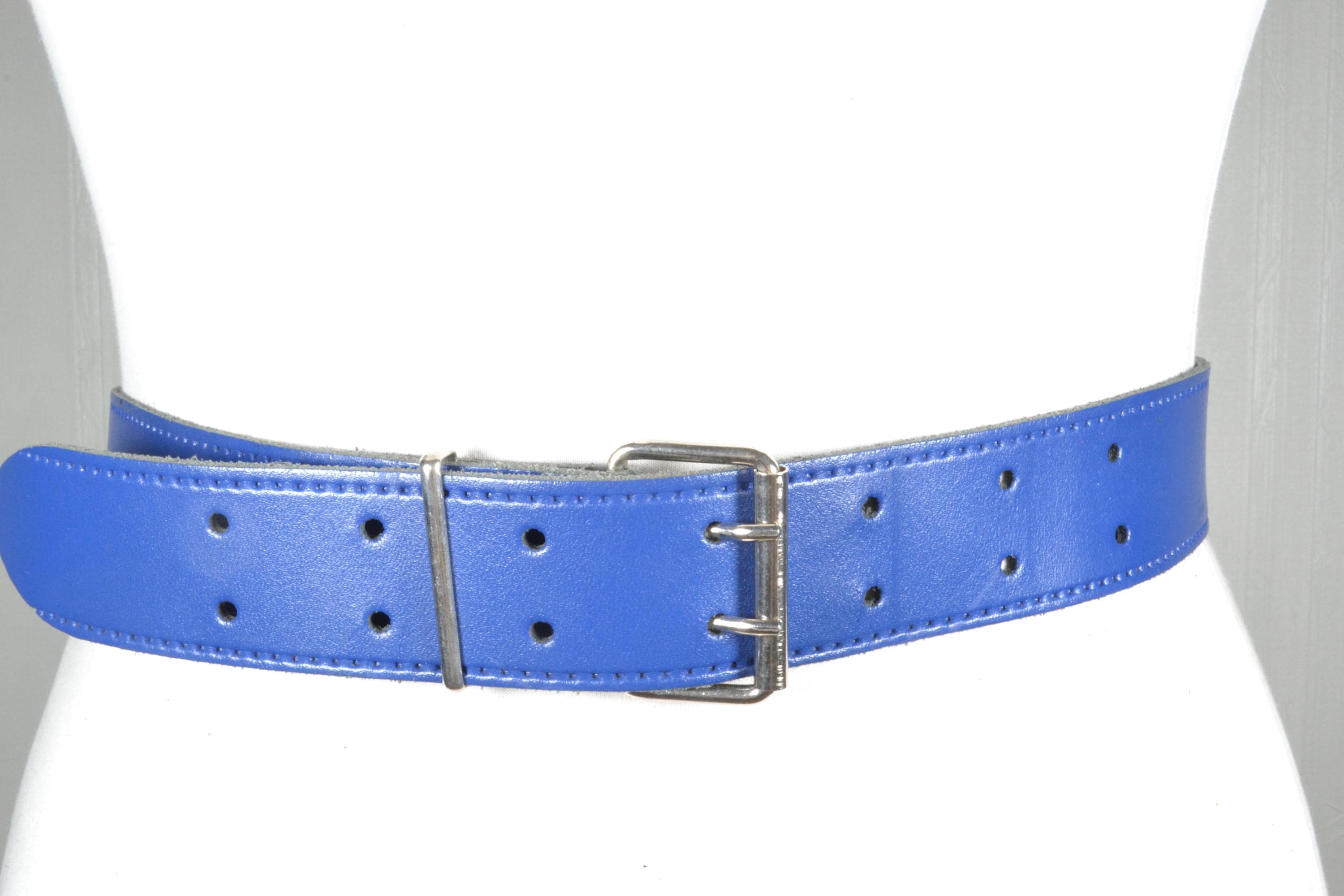 Wide Blue Leather Belt, Silver Buckle, Statement Waist Belt  display picture 1