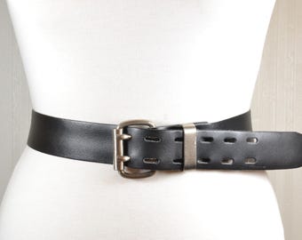 Vintage Black Leather Double Prong Belt (30-35 display picture 3