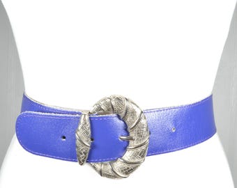 Vintage 80s Wide Blue Leather Belt: Round Brass Buckle - Etsy display picture 3