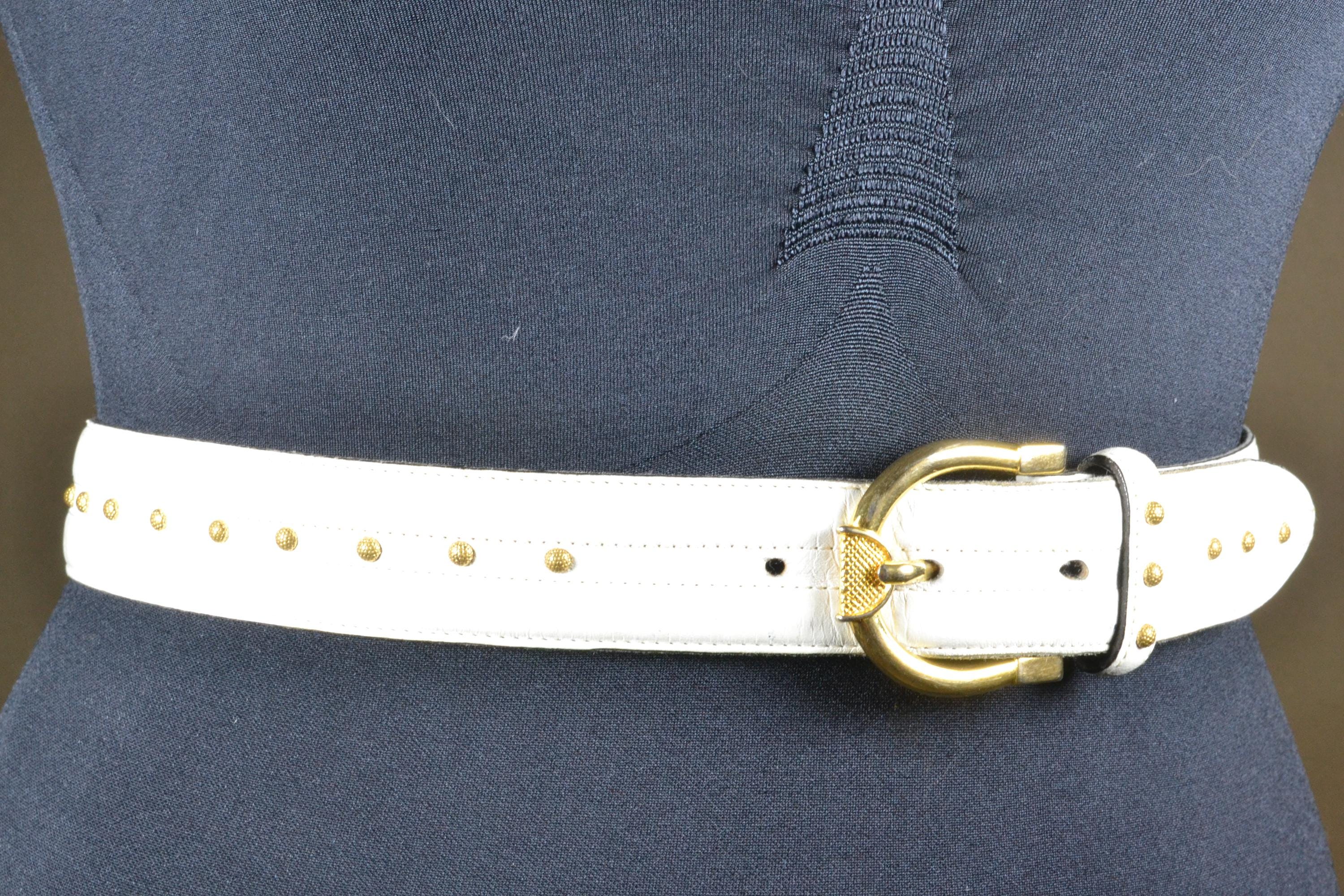 Vintage 80s White Leather Studded Belt, Gold Buckle - Etsy