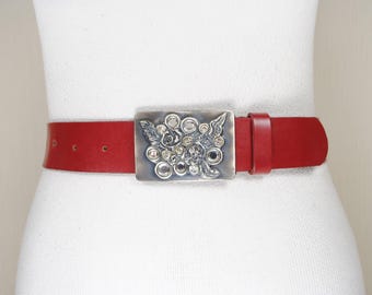 Red Leather Belt: Vintage Gothic Waist Belt with Silver Buckle