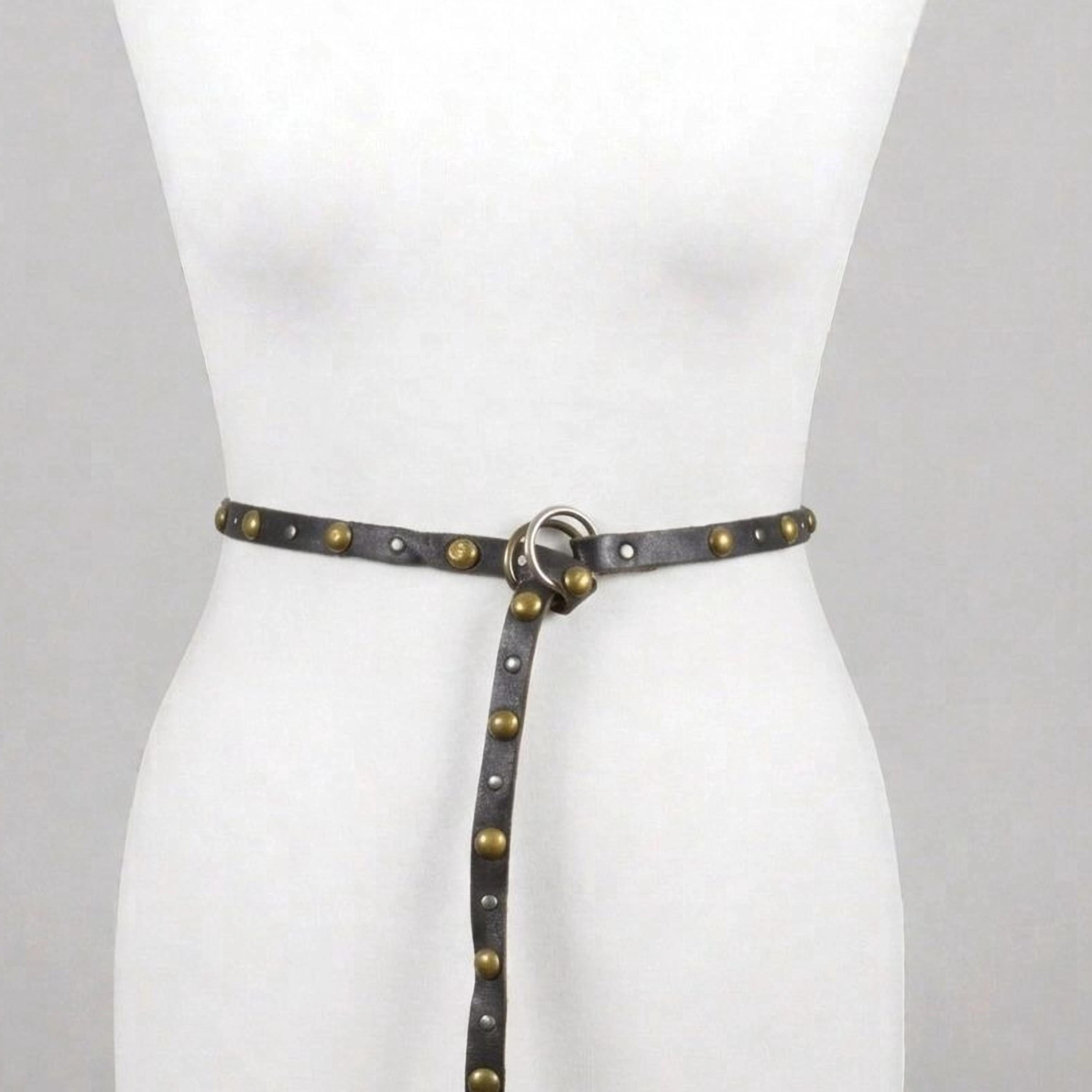 Vintage Skinny Black Leather Ring Belt With Brass Studs 