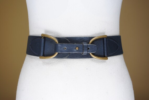 80s 24-32 stitched navy blue leather belt for women with brass buckle