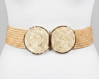 Boho Woven Raffia Belt: Vintage Double Circle Buckle, Beige  display picture 3
