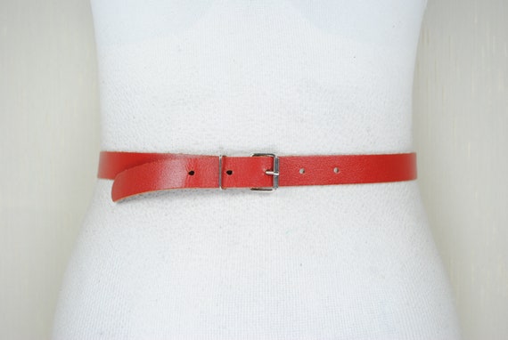 Vintage Skinny Red Leather Belt: Silver Buckle, Minimalist  display picture 1
