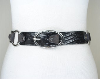 Black Croc Embossed Leather Belt: Vintage Latex Accent