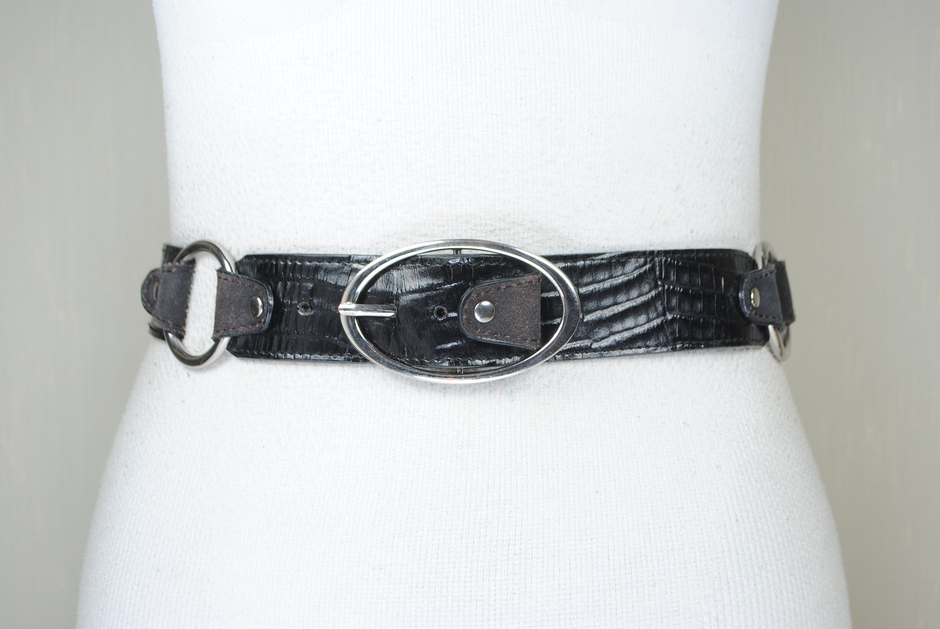 Classic Croc Embossed Black Leather Belt Sz L Old Money Career Minimalist Croc Embossed Belt Black Gold - Etsy main image 3