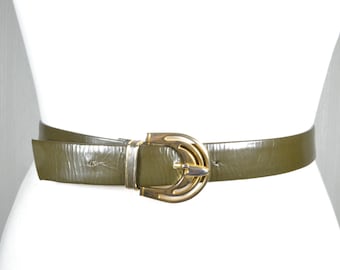 Vintage Dark Green Leather Belt, Slim Skinny Brass Buckle