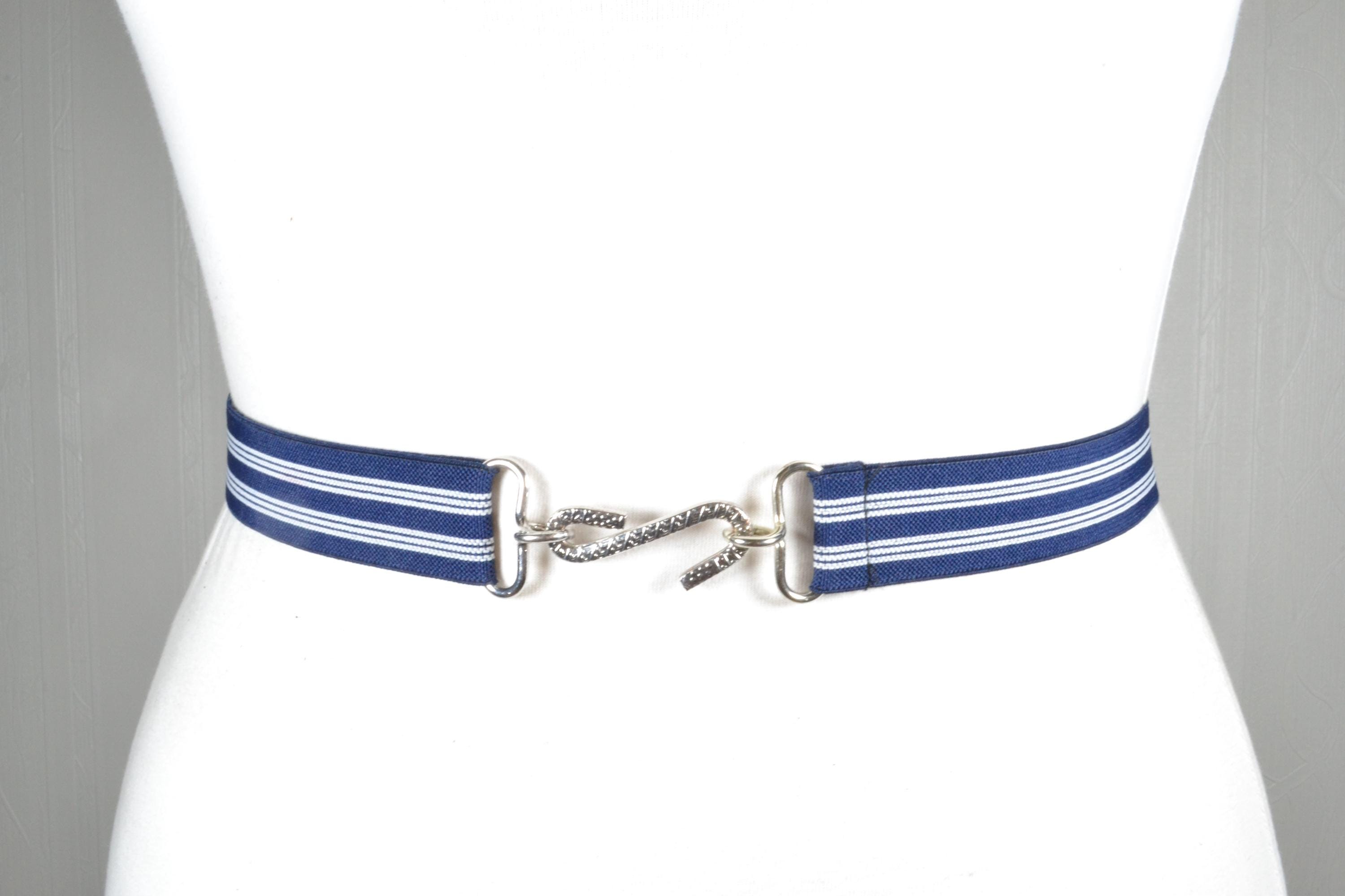 Vintage Nautical Stripe Belt, Silver Hook Clasp, Elastic 