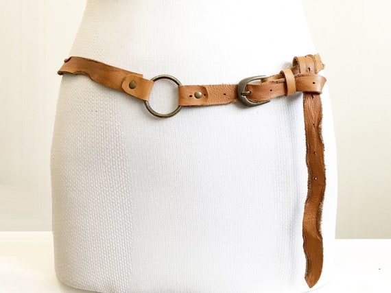 1970s Brown asymmetric tan leather belt women, bur
