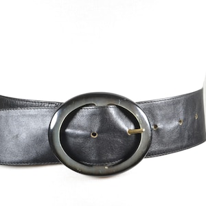 Vintage Black Wide Leather Belt with Oversized Glossy Oval Buckle, Statement Waist Cincher for Women, Bold 80s Black Belt, Soft Leather Belt