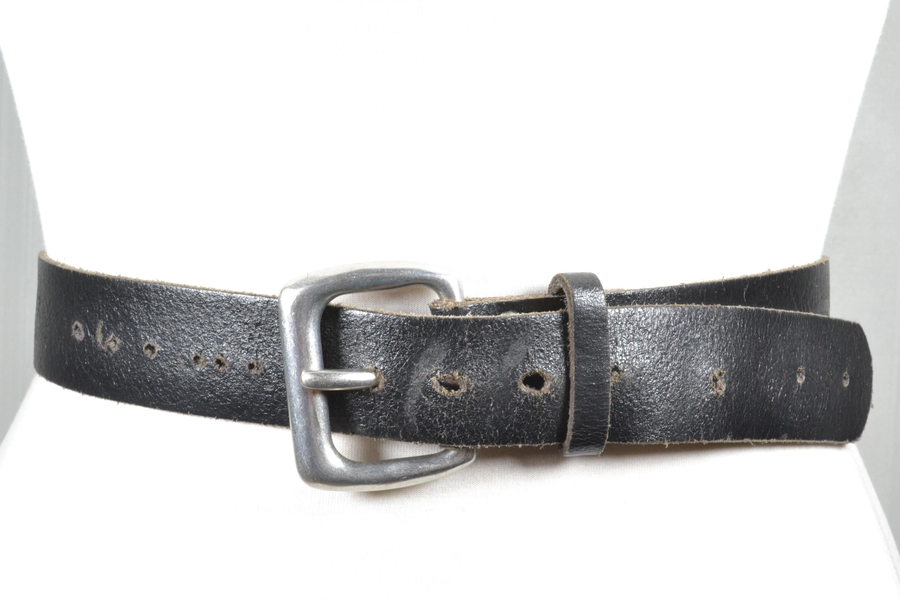 Vintage Black Leather Belt, Distressed Finish, Matte Silver 