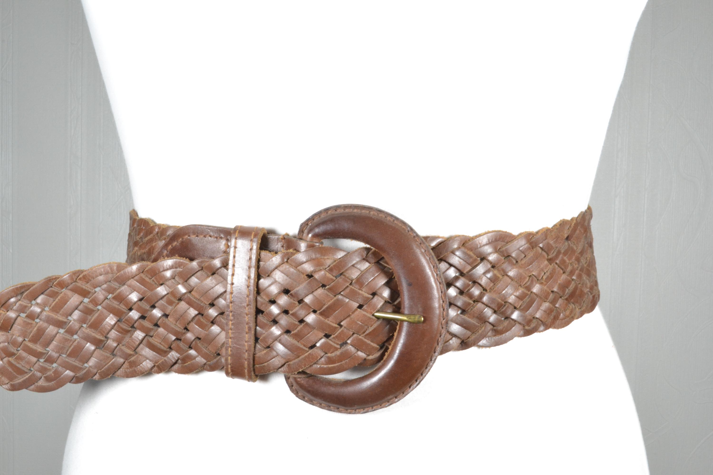 Woven Leather Cinch Belt, Round Buckle, Wide Braided Boho  display picture 3