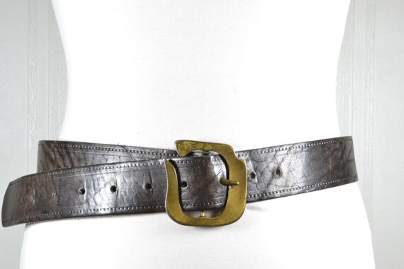 Vintage Dark Brown Leather Belt: Embossed Western Brass  display picture 1