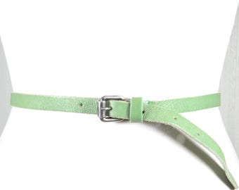 Pastel Green Skinny Leather Belt: Vintage Silver Buckle Waist Belt